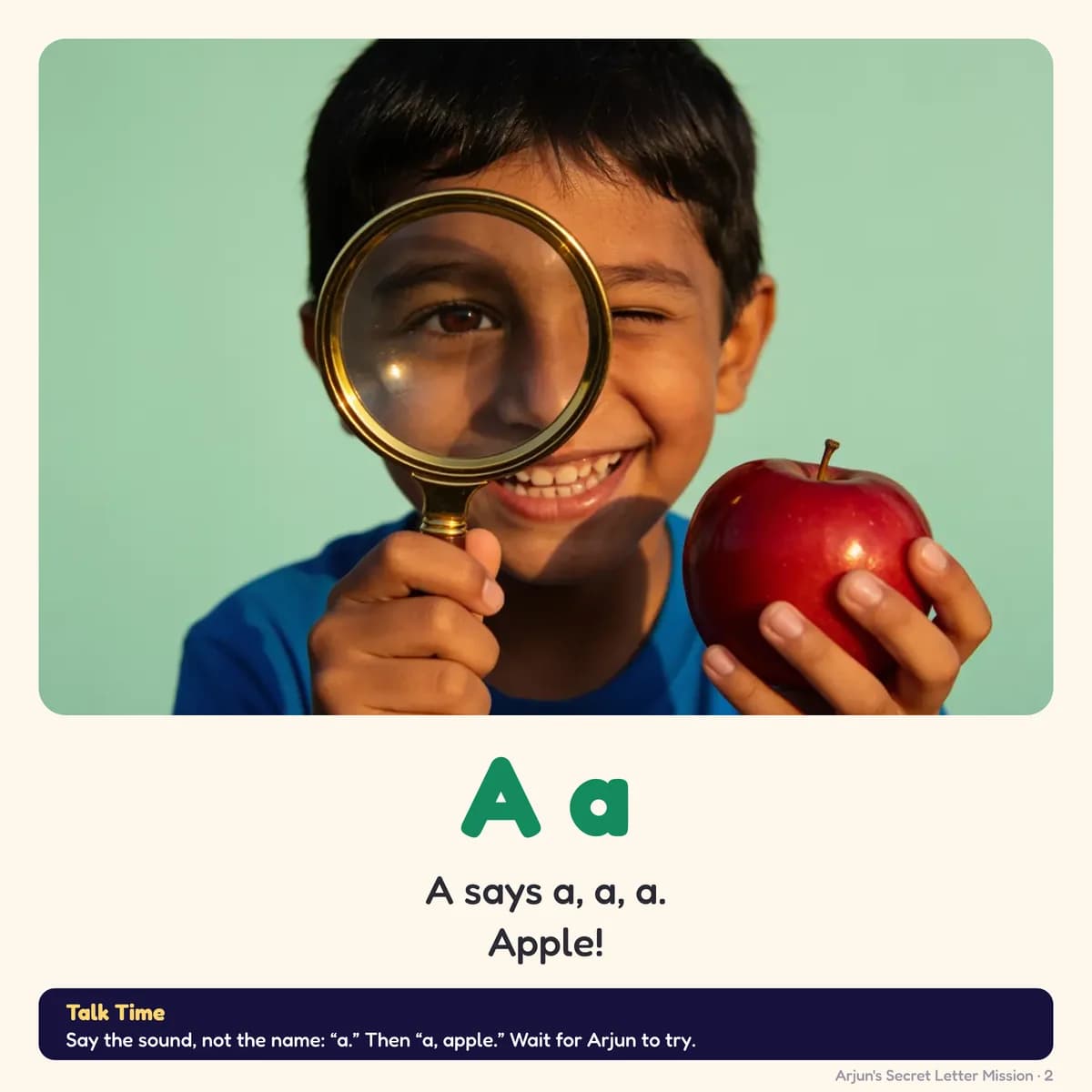 Page 2 of Secret Letter Mission: A a A says a, a, a. Apple!