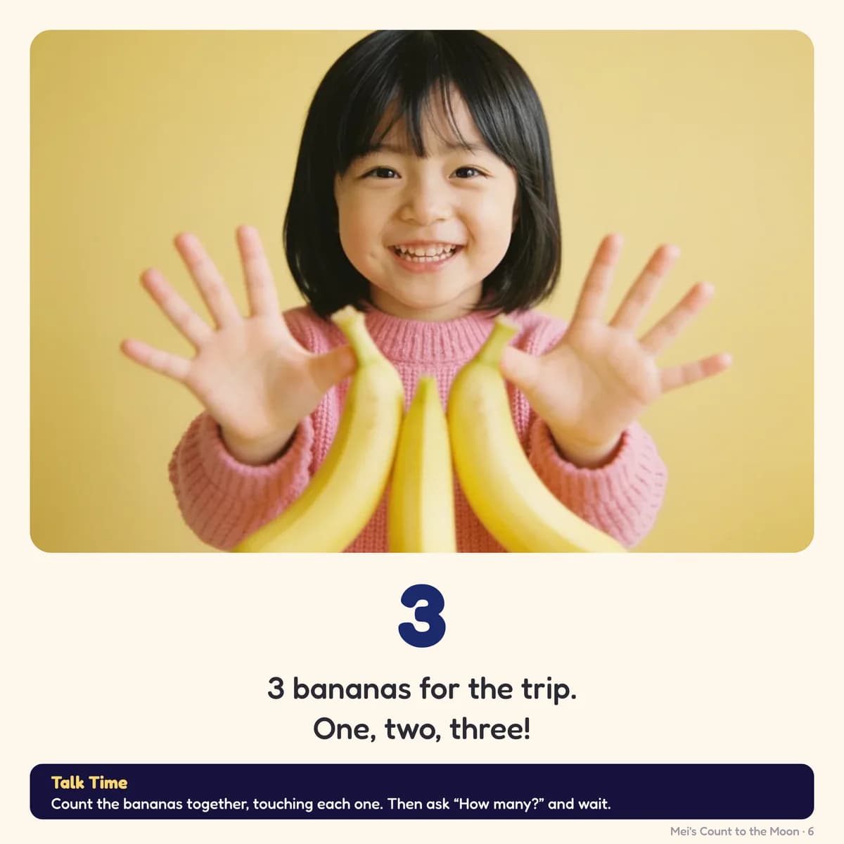 Page 6 of Count to the Moon: 3 3 bananas for the trip. One, two, three!