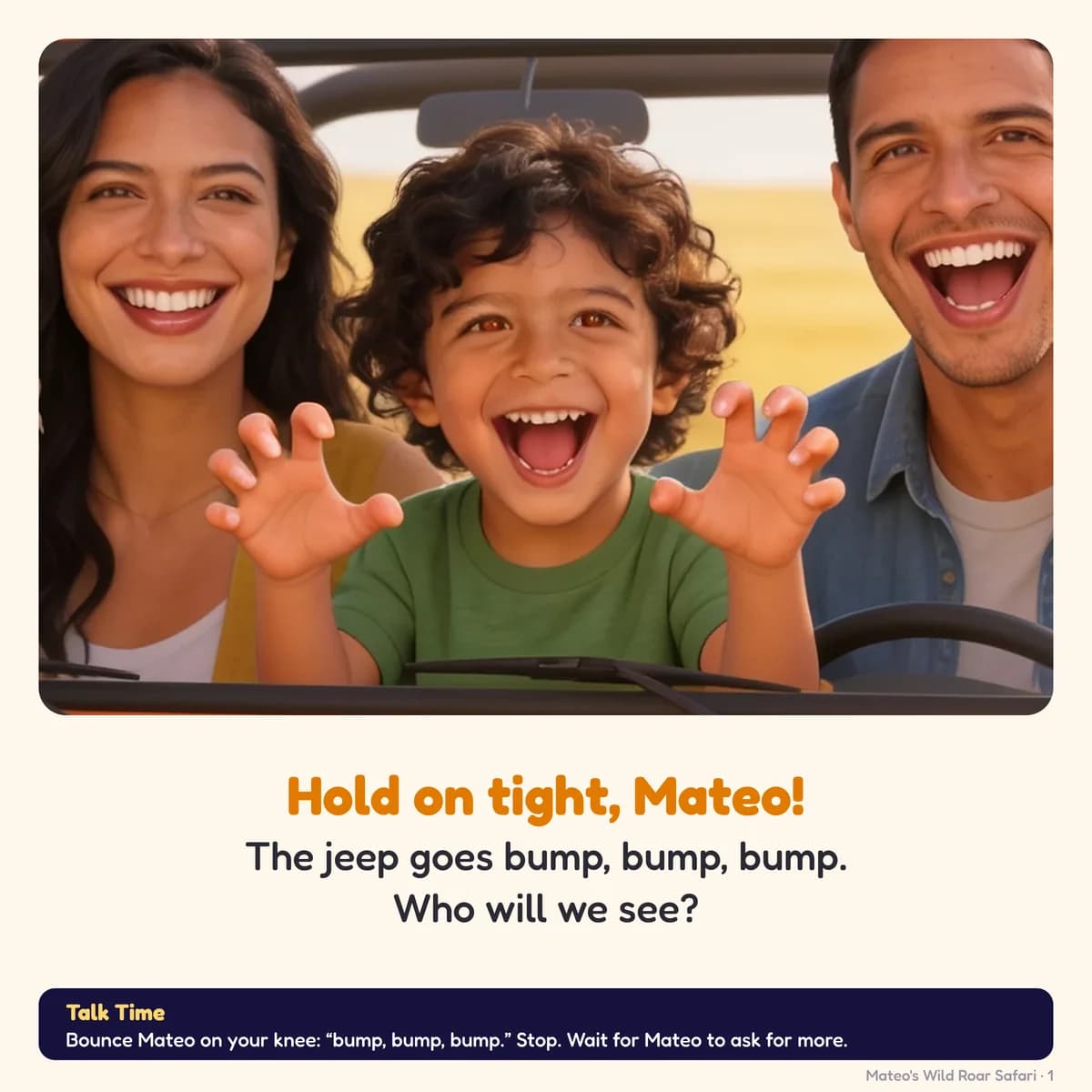 Page 1 of Wild Roar Safari: Hold on tight, Mateo! The jeep goes bump, bump, bump. Who will we see?