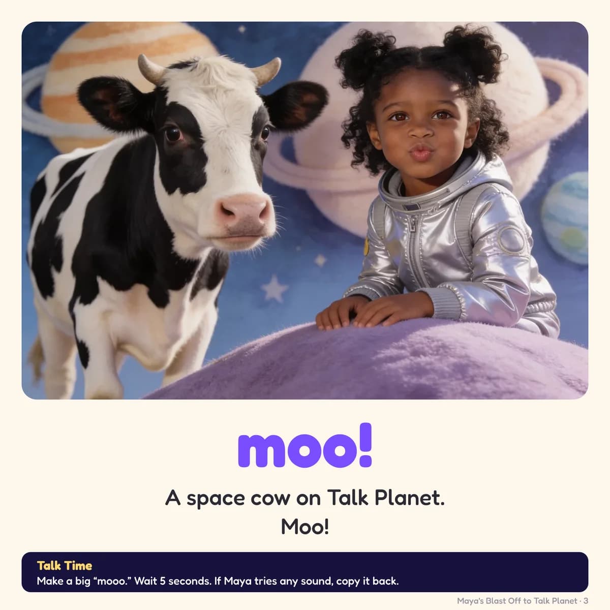 Page 3 of Blast Off to Talk Planet: moo! A space cow on Talk Planet. Moo!