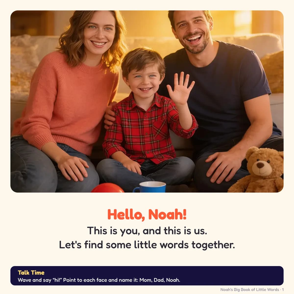 Page 1 of Big Book of Little Words: Hello, Noah! This is you, and this is us. Let's find some little words together.
