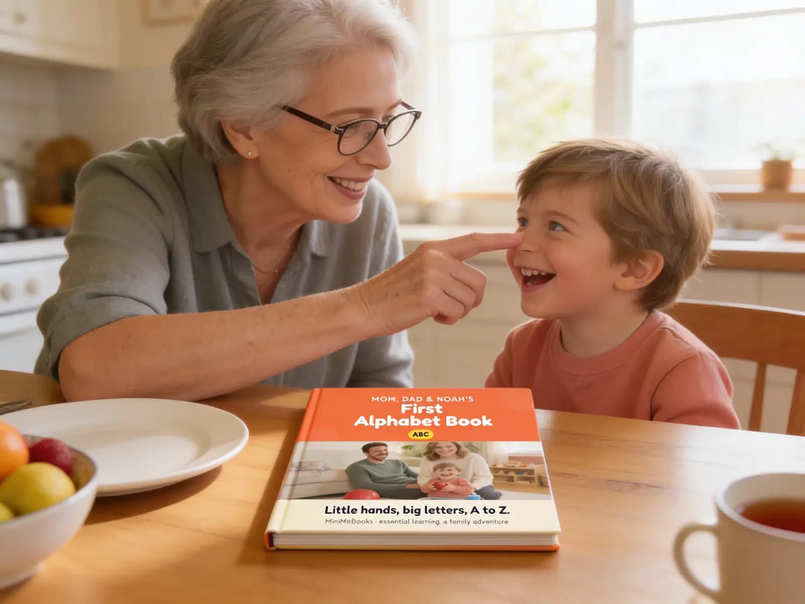 Illustration of a grandmother and her grandson laughing at a kitchen table, the small square First Alphabet Book hardcover lying on the table beside a plate.