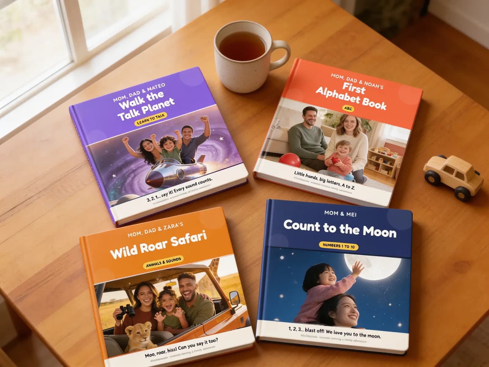 Illustration of four MiniMeBooks hardcovers laid on a wooden table beside a mug of tea and a wooden toy car.