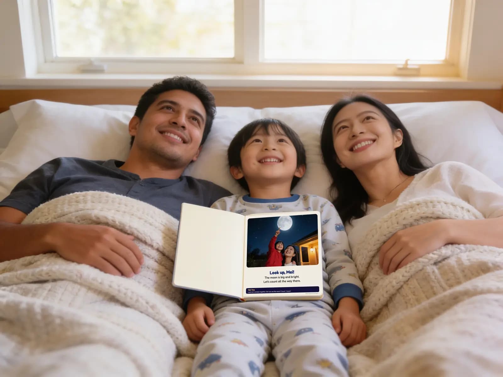 Illustration of a family under a blanket at bedtime with the small Count to the Moon book open on the boy's tummy at the 'Look up, Mei!' page.