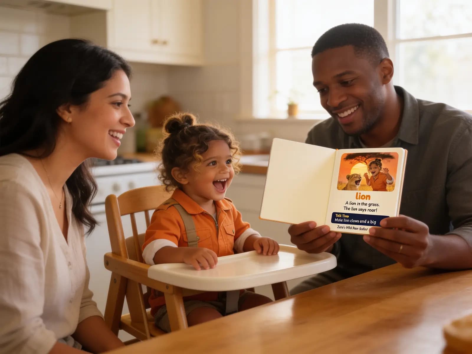 Illustration of parents at a kitchen table showing their toddler in a high chair the Wild Roar Safari book open at the lion page.