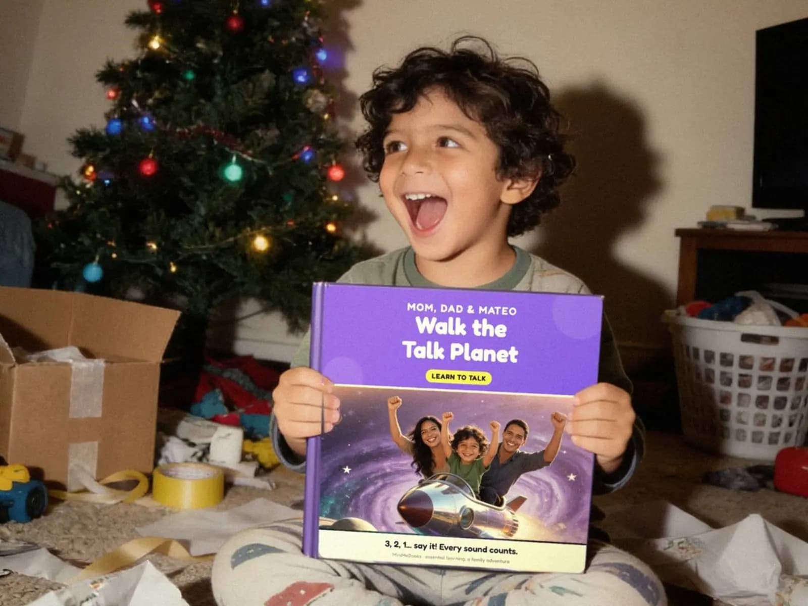 Illustration of a laughing boy on Christmas morning holding up the Walk the Talk Planet hardcover among torn wrapping paper.