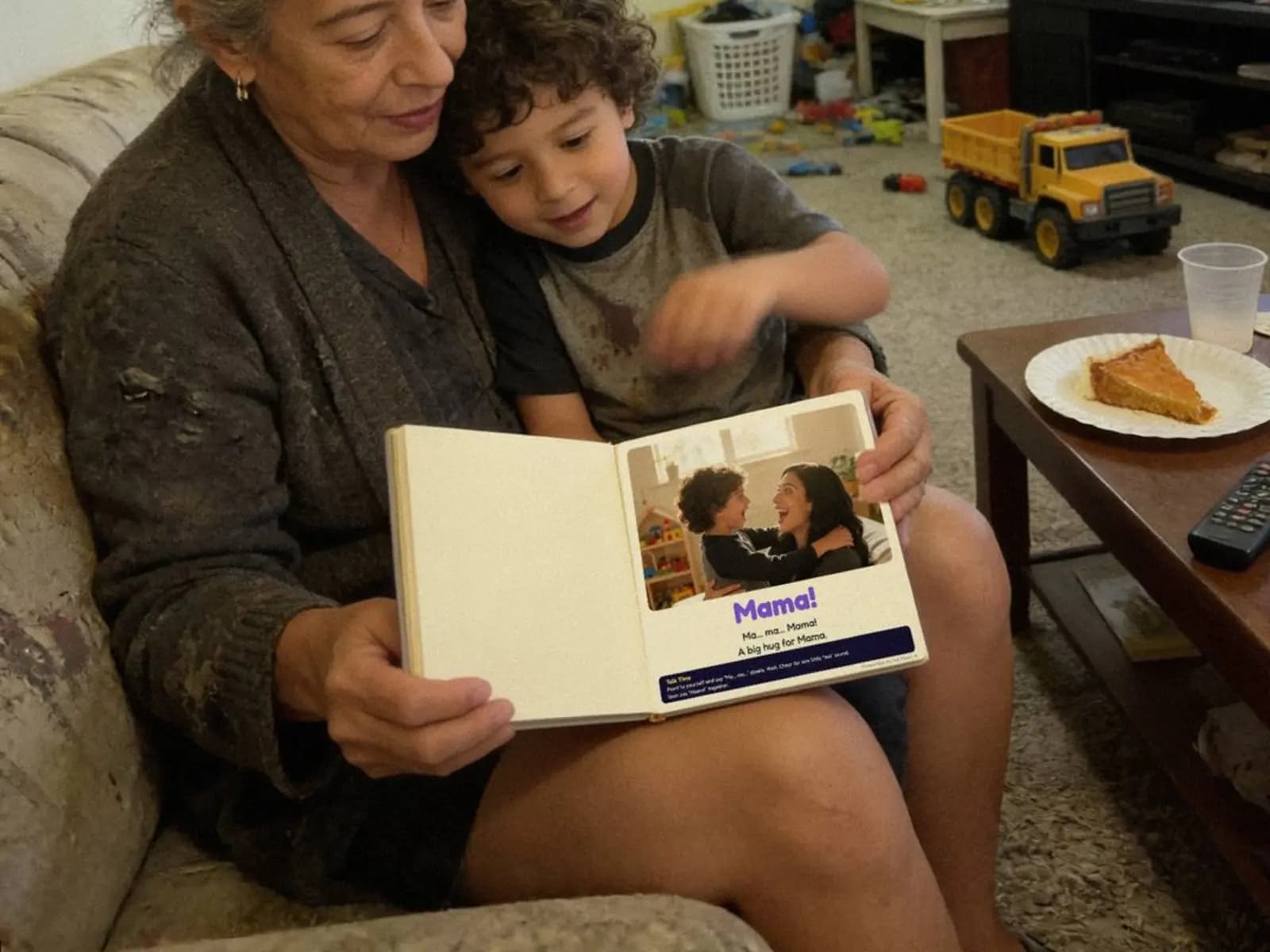 Illustration of a grandmother reading the hardcover with her grandson on the sofa, open at the 'Mama!' page.